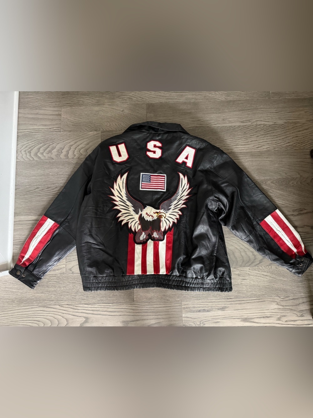 Patriotic USA Leather Bomber Jacket Men L American Flag Eagle Black Full Zip